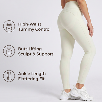 Side view of high-waist tummy control and butt-lifting sculpt leggings in cream color