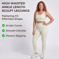 High-waisted ankle-length sculpt leggings on female model with red hair wearing cream activewear set