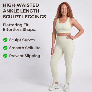 High-waisted ankle-length sculpt leggings on female model with red hair wearing cream activewear set